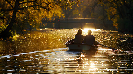 A couple enjoys a romantic boat ride on a sunlit river, surrounded by beautiful scenery.