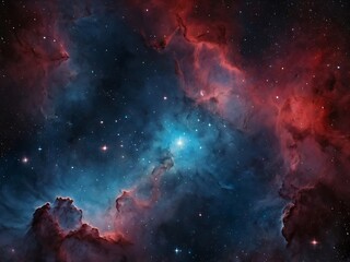Fototapeta premium Unique space illustration background red and blue themed nebulas and interstellar clouds with stars in distance