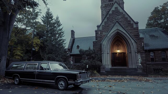 black hearse parked in front of old church captured in cinematic style with somber tones