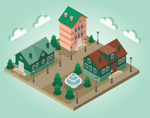 isometric street with old fashioned houses