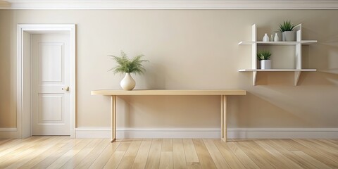 Fototapeta premium Stylish ivory minimalist wall shelf in a bright hallway with seamless mounting, clean lines, perfect for decor items