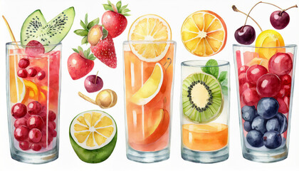 Watercolor refreshing fruity cocktails with fresh fruits. Citrus, kiwi, berries, juice. Summer vibe