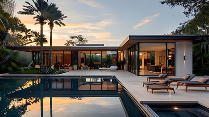 Modern House with Pool and Palm Trees - Photo