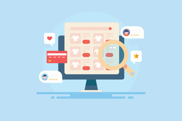 Ecommerce product search, online shopping item browsing on internet marketplace, vector illustration.
