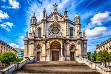 Obraz premium Historic stone façade of the Eglise du Saint-Sacrement Catholic Church in Brussels, Belgium, featuring intricate details, grand staircase, and elegant architecture.