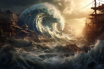 Fototapeta premium Terrifying Tsunami city wave. Big splash. Generate Ai