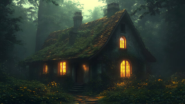 A cozy cottage nestled in a misty forest, glowing windows inviting.