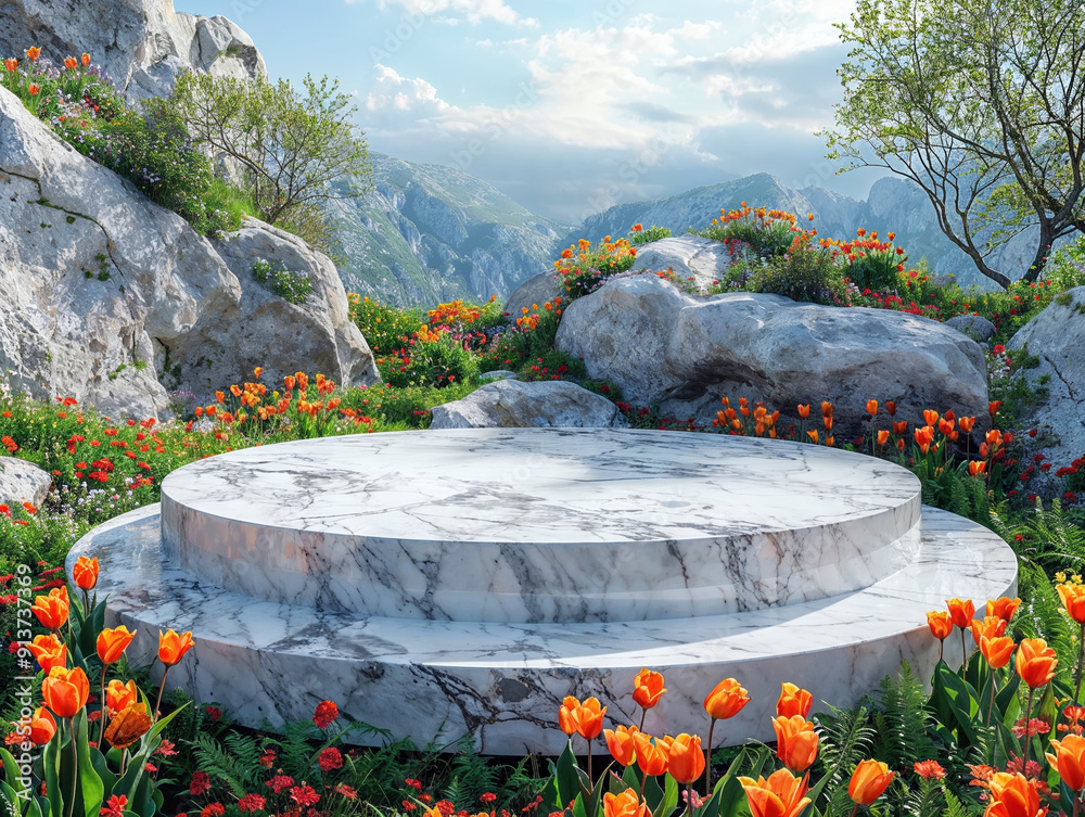 Poster white empty round marble podium on a mountain top with orange tulips, rocks and trees