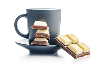 White light dark chocolate bars and coffee cup isolated on white background.