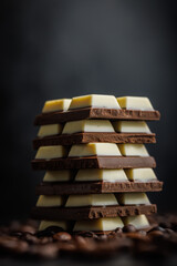 White light dark chocolate bars and coffee beans on black table.