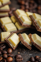 White light dark chocolate bars and coffee beans on black table.