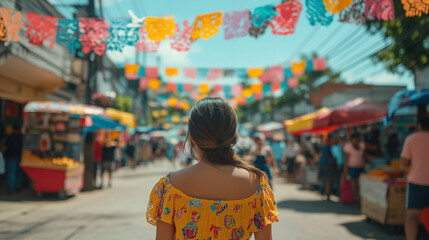 Obraz premium A woman in a yellow dress stands in front of a colorful banner