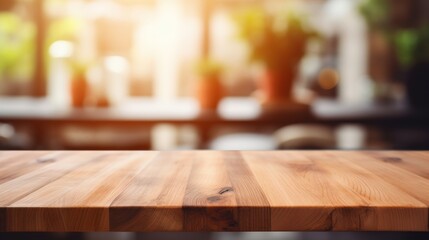 Wooden Tabletop with Blurred Background of a Sunny Cafe