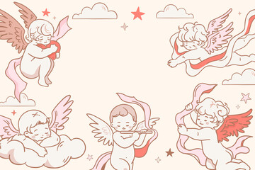 Fototapeta premium Hand drawn vintage angels background