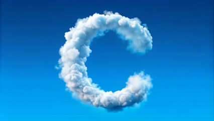 Naklejka premium Isolated uppercase letter C formed by whimsical cloud or smoke pattern floating on a bright blue sky background with transparent opacity mask, vector illustration.