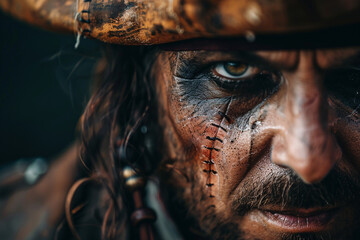 Close up of man'S face with Halloween pirate costume makeup