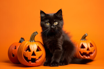 Black Cat Posing With Pumpkins for Halloween