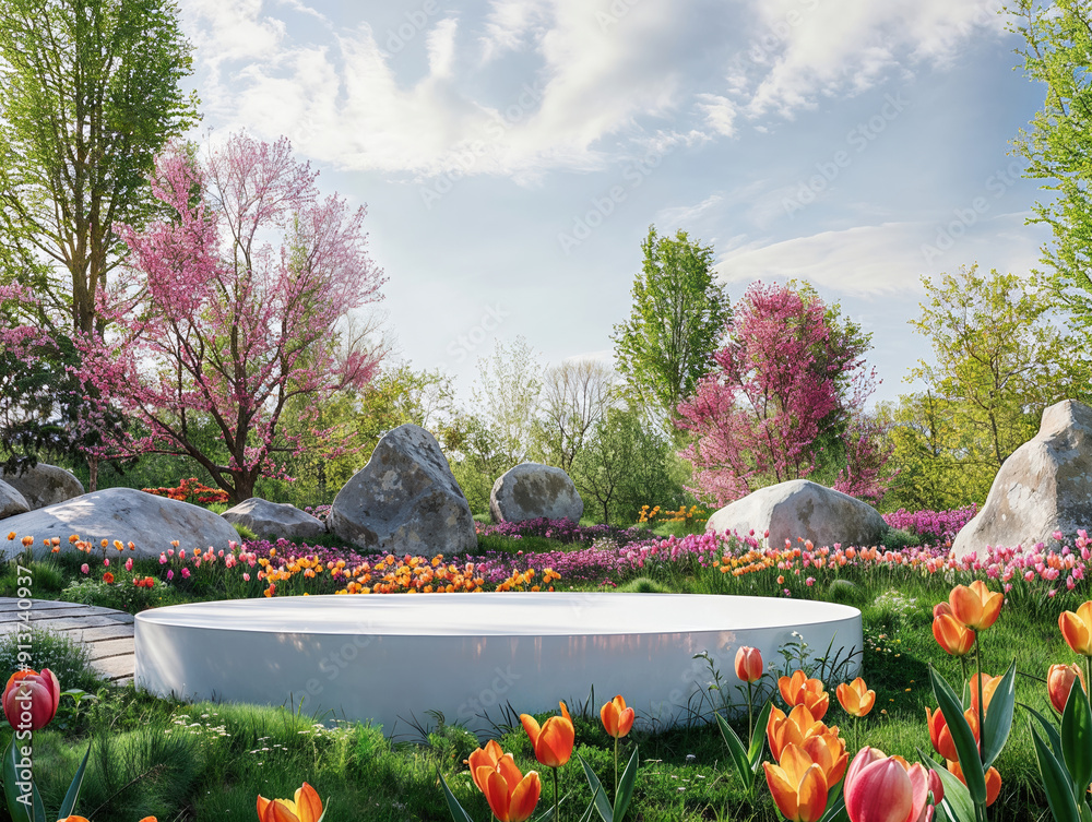 Aufkleber white round podium is standing in a botanical garden tulips and trees for a spring product presentat
