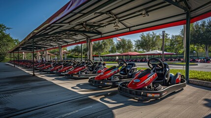 Fototapeta premium Red and black go-karts parked in a long row under a metal canopy at an outdoor racing track on a sunny day.
