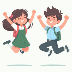 Smiling school children boys and girls with backpacks and books set isolated vector illustration