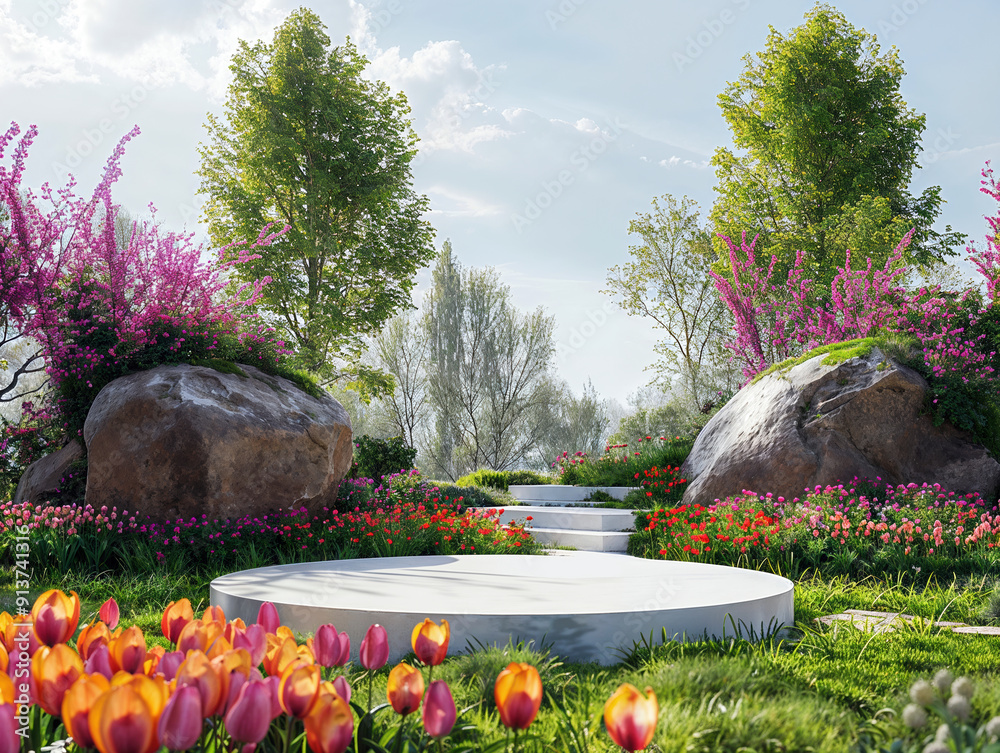 Poster round empty platform with colorful flowers and lush foliage in a spring garden park