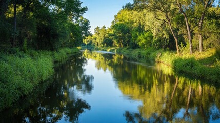 Fototapeta premium Tranquil River Reflecting Lush Greenery and Blue Sky