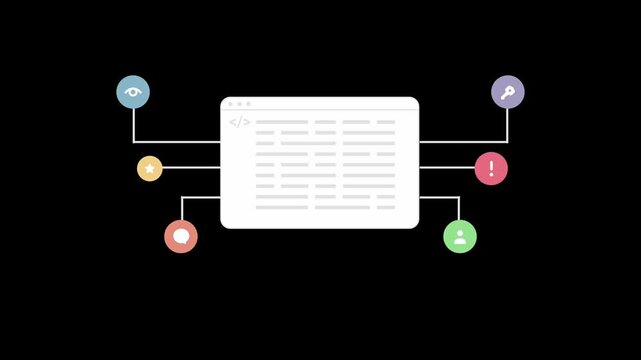 Illustration of coding site application, animated footage video alpha channel