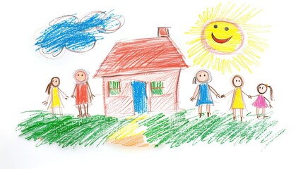 Fototapeta premium Colorful children's drawing of a smiling family holding hands outside a house with sun and clouds. Concepts of family bonding, childhood creativity, and outdoor happiness.
