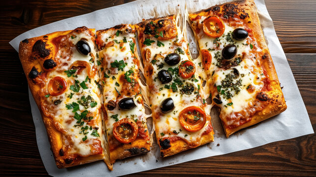 Traditional Italian food Pizza al Taglio is a rectangular pizza with a thick crust, topped with melted cheese, cherry tomatoes, black olives, and fresh herbs. It's typically sliced into serving pieces