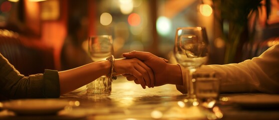 couple holding hands across the table during date night with wine in cozy restaurant