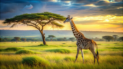 Obraz premium Majestic giraffe roams freely in Serengeti National Park's sun-kissed savanna, Tanzania, Africa, amidst lush grasslands and acacia trees, showcasing wild African beauty in warm light.