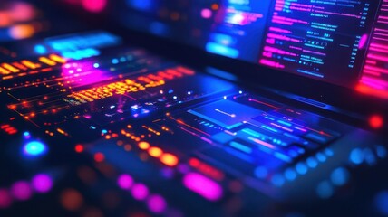 Business software solutions close up, focus on, copy space Radiant and colorful scheme, double exposure silhouette with software screens