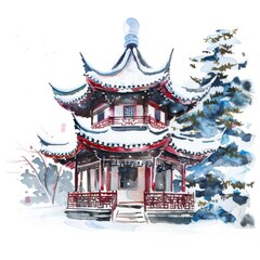 Watercolor painting of a snow-covered temple, on isolated white background
