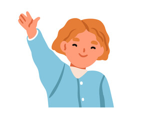Girl waving hi gesture, greeting with happy smile. Adorable cute kid with arm up, saying hello. Excited friendly joyful child character. Flat vector illustration, isolated on white background