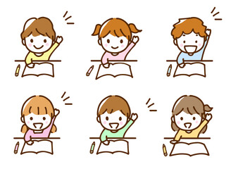 元気に手を上げて勉強している男の子と女の子のイラスト