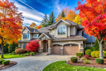 Majestic two-story stucco luxury home with attached garage, surrounded by vibrant Fall foliage and a majestic tree, set amidst a serene Vancouver, Canada landscape.