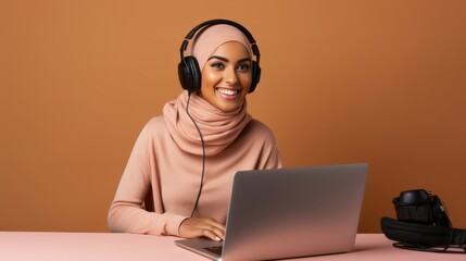 Woman hosting podcast show, recording an episode in a professional studio on a solid colour background