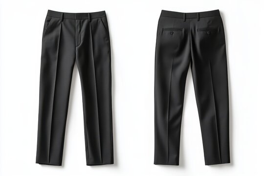 Front and back view of black dress pants on white background