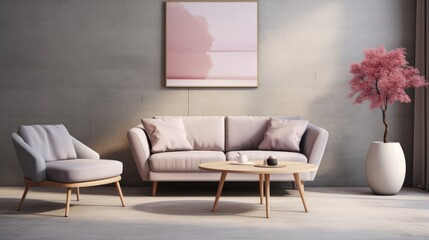  Round coffee table and pink chair near grey sofa