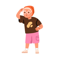 Surprised kid looking at distance. Cute curious excited child, shocked boy in glasses watching far away, exploring, seeking with hand at forehead. Flat vector illustration isolated on white background