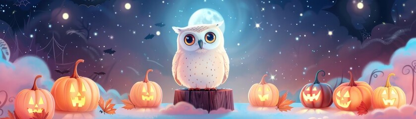 Obraz premium Podium under moonlight, owl sitting, eerie yet charming Halloween scene, Watercolor style