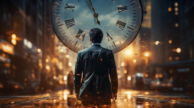 businessman standing in front of clock