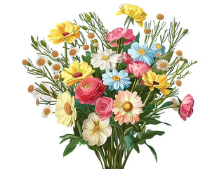A Vibrant Bouquet of Flowers with a Transparent Background, Featuring Daisies, Roses, and Other Blooms