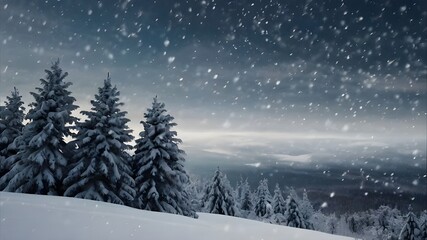 Natural Winter Christmas tree background with blue sky, heavy snowfall, snowflakes in different shapes and forms, snowdrifts. Winter landscape with falling christmas shining beautiful snow.