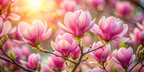 Obraz premium Close up of beautiful pink magnolia flowers blooming in spring, magnolia, pink, flowers, blooming, spring, garden, petals