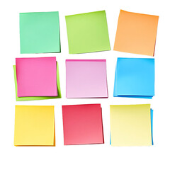 A vibrant collection of sticky notes arranged neatly in a grid pattern, showcasing various colors including green, yellow, pink, and blue against a clean white backdrop