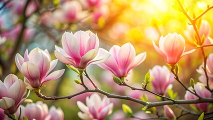 Fototapeta premium Blurred close-up of blooming magnolia flowers in a spring garden , magnolia, spring, blooming, garden, nature, blurred, flora