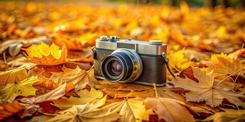 Soviet camera surrounded by autumn leaves in Gomel, Belarus , vintage, photography, technology, fall, foliage