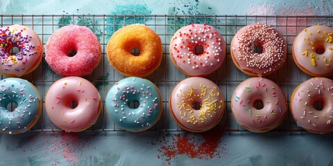 Colorful frosted donuts with sprinkles arranged on a cooling rack, perfect for bakery advertising.