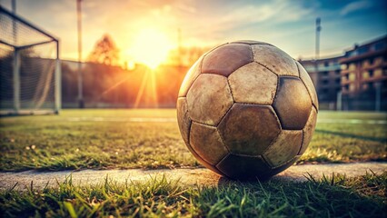 Fototapeta premium Close up of an old soccer ball resting on the grass of a vintage football field, old, soccer ball, vintage, football field